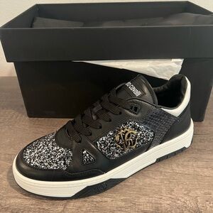 Roberto Cavalli Black White Glitter Low-Top Sneaker Boots